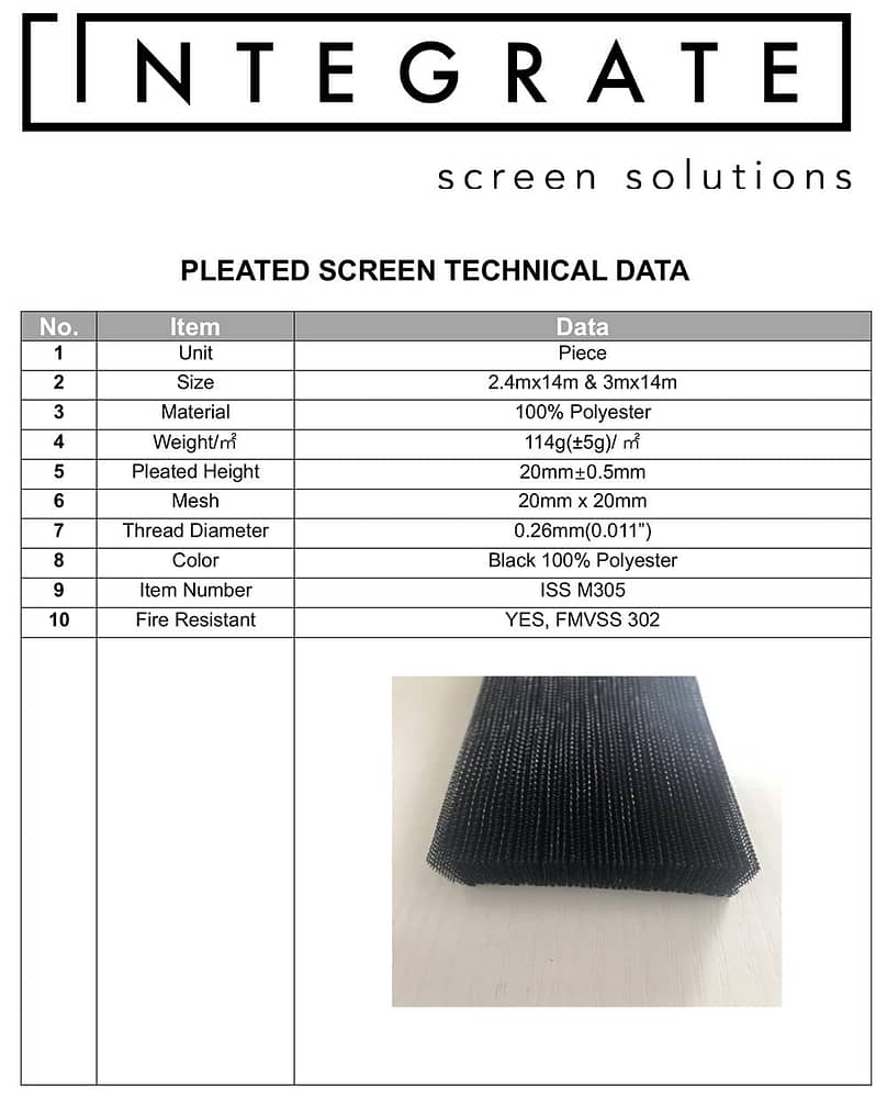 | IntegrateScreens PleatedMesh TechnicalData | Pleated Screen Technical Data